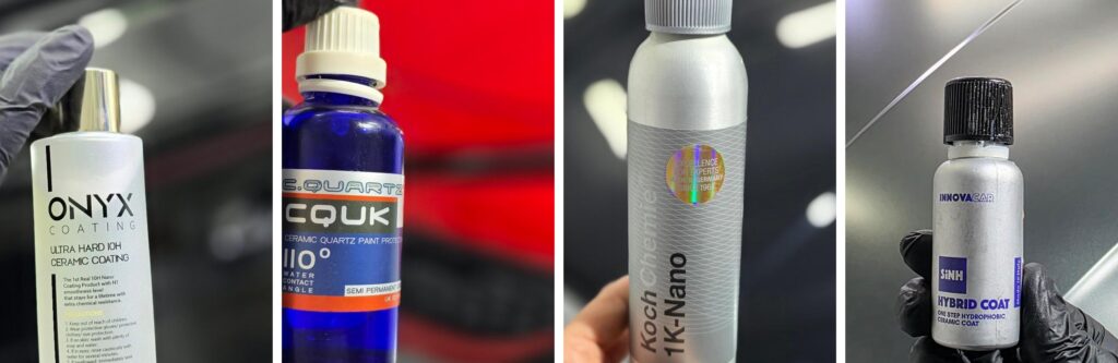 Cuatro botellas de recubrimiento cerámico para coches.