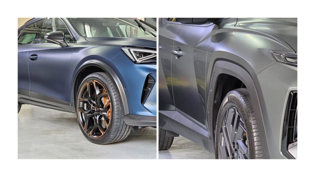 Comparación de dos coches modernos, ruedas delanteras.