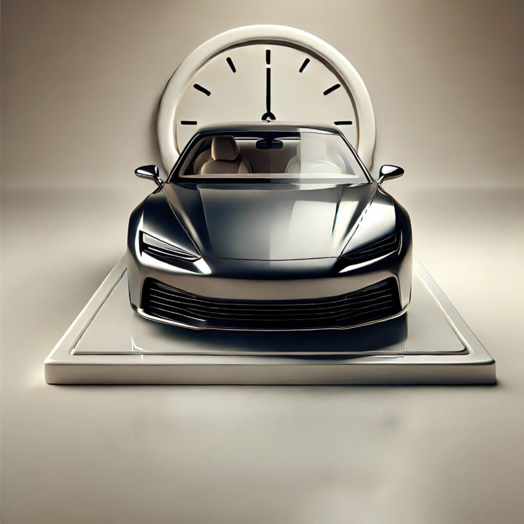 Coche futurista delante de un reloj grande.