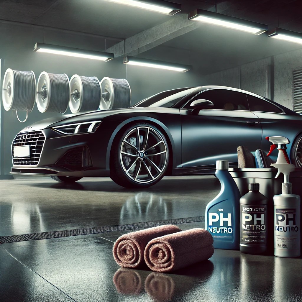 Coche en garaje con productos de limpieza