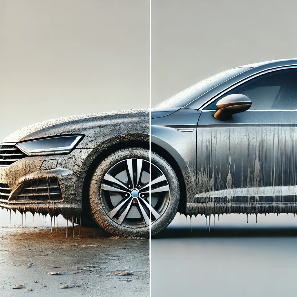 Coche sucio vs. limpio, comparación visual.
